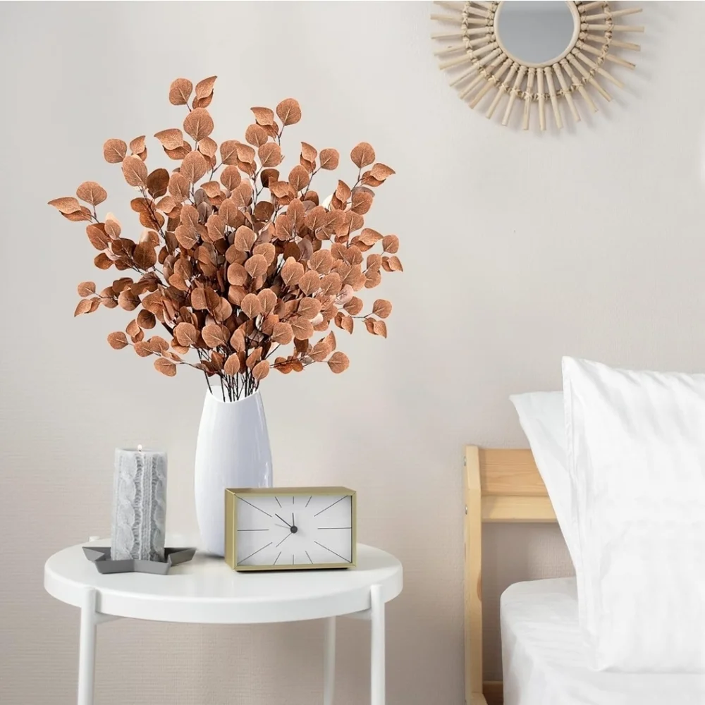 FAKE FAUX BROWN LEAVES STEM DECOR - EUCALYPTUS - LEAF BRANCHES - 5 PIECES